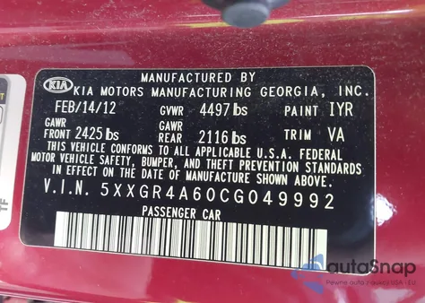 2012 Kia Optima Sx z USA, uszkodzony, nr VIN 5XXGR4A60CG049992